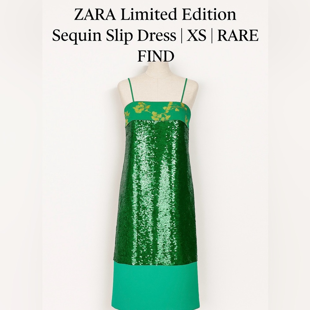 Zara Limited Edition Green Sequin Midi Slip Dress XS with Spaghetti Straps